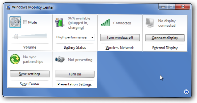 Windows Mobility Center Options